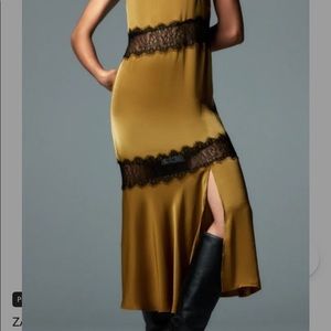 Zara Olive Green Combination Slip Midi Dress Lace Details Size M New